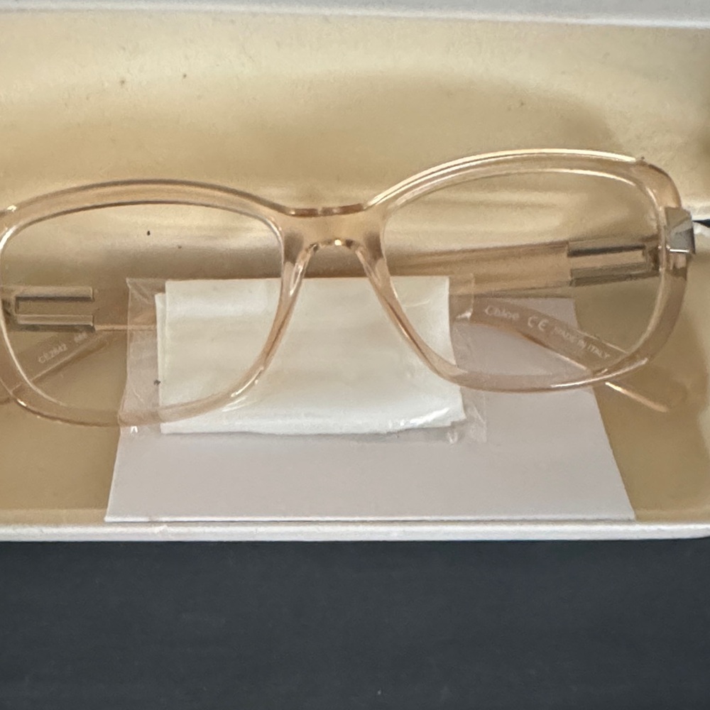Chloe Transparent Beige/Tan Oversized Rectangle Glasses with case and card
